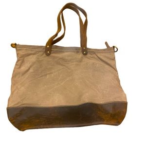 Kiko leather canvas plaid lined large tote purse bag Leather handles